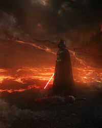 2boys absurdres amputee anakin_skywalker armor belt_buckle black_armor black_cape black_helmet buckle burnt burnt_face cape cyborg darth_vader dual_persona energy_sword helmet highres holding holding_sword holding_weapon injury lava lightsaber looking_at_viewer lying male_focus multiple_boys on_back on_ground red_lightsaber sith smoke standing star_wars sword tanis_teau triple_amputee volcano weapon