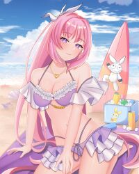 Rule 34 | 1girl, absurdres, beach, bikini, breasts, cleavage, commentary, cooler, diamond-shaped pupils, diamond (shape), elysia (herrscher of human: ego) (honkai impact), elysia (honkai impact), elysia (summer 2023) (honkai impact), hair ornament, heart, heart necklace, highres, homu (honkai impact), honkai (series), honkai impact 3rd, itsmeyumicchi, jewelry, long hair, looking at viewer, navel, necklace, ocean, official alternate costume, outdoors, pink hair, purple bikini, purple eyes, sand, solo, stomach, surfboard, swimsuit, symbol-shaped pupils, thighs, very long hair