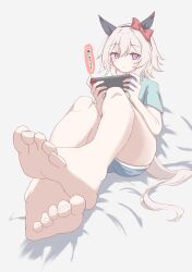 1girl animal_ears barefoot blue_eyes blush curren_chan_(umamusume) feet handheld_game_console highres horse_ears horse_girl horse_tail looking_at_viewer medium_hair nintendo_switch parted_lips soles tail toes tofu_thunder translated umamusume white_hair