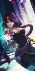 1girl 2017 bare_shoulders black_dress breasts circlet cleavage closed_mouth dota_(series) dota_2 dress green_eyes hair_over_one_eye highres ja1990 lips long_hair looking_at_viewer makeup pointy_ears ponytail purple_hair smile solo templar_assassin_(dota)