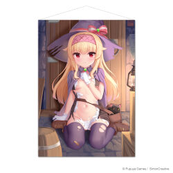 1girl bag bandaid bandaid_on_knee bandaid_on_leg barrel blonde_hair boots breasts brown_boots cape closed_mouth dress full_body gloves hairband hat hat_ribbon highres little_witch_nobeta long_hair looking_at_viewer navel nobeta nobeta_(witch_skin) official_art on_ground petite phyllis_(cat)_(little_witch_nobeta) phyllis_(little_witch_nobeta) purple_cape red_eyes ribbon shoulder_bag sitting small_breasts solo stomach thighhighs torn_clothes torn_dress torn_hat torn_thighhighs very_long_hair wariza white_gloves witch_hat