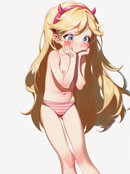 1girl blonde_hair blue_eyes blush facial_mark fake_horns flat_chest gluteal_fold grey_background hairband hands_on_own_face heart heart_facial_mark horns loli long_hair navel nipples panties simple_background solo star_butterfly star_vs_the_forces_of_evil striped_clothes striped_panties thighs topless_female underwear underwear_only yoko-chan_(mijizukeyoko)