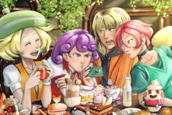 1boy 3girls absurdres bianca_(pokemon) blonde_hair blue_eyes bottle buneary burgundy_(pokemon) chair choker closed_eyes combee commentary cup dessert english_commentary food gen_4_pokemon gen_5_pokemon georgia_(pokemon) green_choker green_hat green_shirt grey_eyes hair_between_eyes hat highres holding holding_cup honey jacket laughing lilligant litwick multiple_girls nintendo orange_jacket owleeve parted_lips poke_ball pokemon pokemon_(anime) pokemon_bw_(anime) purple_eyes purple_hair red_hair sandwich shirt short_hair short_sleeves sitting teacup teapot unworn_hat unworn_headwear vanillite wristband