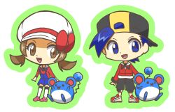 Rule 34 | 1boy, 1girl, backwards hat, black eyes, blue eyes, blue hair, brown hair, chibi, ethan (pokemon), gen 2 pokemon, hat, hr67sh, lyra (pokemon), marill, nintendo, open mouth, overalls, pokemon, pokemon (creature), pokemon hgss, ribbon, smile, standing, twintails