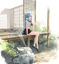 Rule 34 | 1girl, absurdres, bare legs, black sailor collar, black skirt, blue hair, blue neckerchief, breasts, brown shoes, choyeon, closed mouth, commentary request, crop top, crop top overhang, full body, grey eyes, halo, hand up, highres, korean commentary, large breasts, loafers, long hair, looking at viewer, low wings, midriff, mini wings, miniskirt, navel, neckerchief, original, sailor collar, school uniform, see-through silhouette, serafuku, shirt, shoes, short sleeves, sitting, skirt, smile, solo, thighs, transparent, transparent umbrella, twintails, umbrella, veranda, very long hair, white shirt, wings