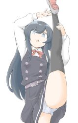 Rule 34 | 1girl, akara kai, asashio (kancolle), asashio kai ni (kancolle), belt, black dress, black hair, black thighhighs, blue eyes, blush, bow, bowtie, buttons, dress, flexible, highres, kantai collection, leg lift, leg up, long hair, long sleeves, looking at viewer, neck ribbon, open mouth, pinafore dress, red bow, red bowtie, red ribbon, ribbon, school uniform, shirt, shoes, simple background, sleeveless, sleeveless dress, solo, split, standing, standing on one leg, standing split, sweatdrop, thighhighs, white background, white shirt