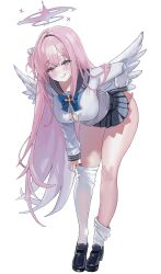 1girl absurdres alternate_costume alternate_eye_color bent_over black_sailor_collar black_shoes black_skirt blue_archive blue_bow blush bow feathered_wings hair_between_eyes hair_ornament hair_scrunchie halo highres licking_lips long_hair looking_at_another microskirt mika_(blue_archive) pink_hair pink_halo purple_eyes sailor_collar scrunchie shirt shoes shogunx1x sidelocks skirt solo sweat thighhighs tongue tongue_out white_scrunchie white_shirt white_thighhighs wings