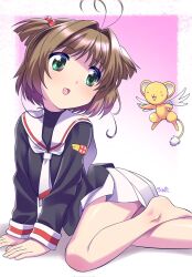 Rule 34 | 1girl, :d, all fours, antenna hair, arm support, barefoot, beads, black shirt, blush, brown hair, cardcaptor sakura, commentary, crossed legs, dot nose, gradient background, green eyes, hair beads, hair ornament, highres, himehachi (hime8manga), kero (cardcaptor sakura), kinomoto sakura, leaning to the side, long sleeves, necktie, open mouth, pink background, pleated skirt, sailor collar, school uniform, shirt, short hair, signature, skirt, smile, tomoeda elementary school uniform, two-tone background, two side up, white background, white necktie, white sailor collar, white skirt