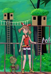 1girl bare_shoulders bike_shorts bike_shorts_under_shorts black_shorts bow bow_hairband brown_hair fanny_pack fortree_city full_body gen_3_pokemon grey_eyes hair_bow hairband highres kecleon ladder may_(pokemon) nintendo open_mouth pokemon pokemon_(creature) pokemon_oras red_bow red_hairband red_shirt rowdon shirt short_hair shorts sleeveless sleeveless_shirt tree white_shorts wingull
