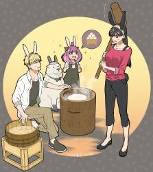 1boy 2girls absurdres ahoge animal_ears anya_(spy_x_family) artist_name black_bow black_bowtie black_dress black_footwear black_hair black_pants black_shirt blonde_hair blue_eyes bond_(spy_x_family) bow bowtie breasts brown_pants child clenched_hands collared_shirt dated dog dress fake_animal_ears flats food green_eyes hair_between_eyes hairband hairpods highres holding holding_mallet kine long_hair mallet medium_breasts medium_hair mochi multiple_girls off-shoulder_sweater off_shoulder open_mouth pants pink_hair rabbit_ears rabbit_tail red_eyes red_sweater shirt shirt_under_dress shirt_under_shirt short_hair sitting sleeves_rolled_up smile sparkle speech_bubble spy_x_family standing sweatdrop sweater tail takehide thought_bubble twilight_(spy_x_family) twitter_username white_shirt yor_briar