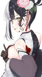1girl absurdres black_gloves black_hair black_kimono black_shawl breasts commentary english_commentary floral_print floral_print_kimono flower gloves hair_flower hair_ornament highres hololive hololive_english japanese_clothes kimono lace lace-trimmed_gloves lace_trim looking_at_viewer multicolored_hair nobarts official_alternate_costume official_alternate_hairstyle print_kimono shawl shiori_novella shiori_novella_(new_year) sideboob simple_background solo split-color_hair tongue tongue_out two-tone_hair two-tone_kimono virtual_youtuber white_background white_hair white_kimono yellow_eyes