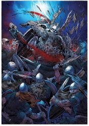 6+boys arm_tattoo armor battle beard black_hair blonde_hair blood bloody_weapon braid broken broken_sword broken_weapon cape chainmail christian_sloan_hall commentary death decapitation english_commentary eyeball facial_hair fur_cape grey_hair guro helmet highres holding holding_shield holding_sword holding_weapon knife_sheath lightning long_beard male_focus metal_arm_cuffs mjolnir_(mythology) multiple_boys norse_mythology red_hair runes_on_sword sheath shield shouting sword tattoo thor_(mythology) traditional_media undead viking weapon winged_helmet