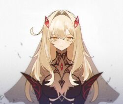 1girl bodystocking breasts closed_mouth coldeye cowlick detached_sleeves expressionless eye_hair_ornament eye_symbol genshin_impact gloves hair_between_eyes hair_ornament highres long_hair looking_at_viewer ronova_(genshin_impact) simple_background solo symbol-shaped_pupils upper_body veil very_long_hair white_background yellow_eyes