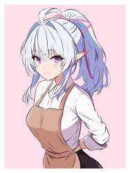 1girl absurdres ahoge apron arms_behind_back blush breasts dryas_(dryas_starfield) fate/grand_order fate_(series) highres long_hair looking_at_viewer medium_breasts merlin_(fate/prototype) pink_eyes ponytail smile solo white_hair