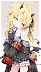 Rule 34 | 1girl, armband, asymmetrical hair, black coat, black dress, black horns, black tail, black wings, blonde hair, bloomers, blue archive, blush, coat, commentary, cowboy shot, demon girl, demon horns, demon tail, demon wings, dress, flat chest, gradient background, grey background, halo, highres, horns, ibuki (blue archive), long hair, long sleeves, open mouth, pinafore dress, pleated dress, pointy ears, red armband, ribbon, sabana, shirt, side ponytail, simple background, sleeveless, sleeveless dress, sleeves past fingers, sleeves past wrists, solo, tail, underwear, white bloomers, white shirt, wings, yellow eyes, yellow halo
