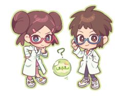 1boy 1brad 1girl ? adjusting_eyewear alternate_costume blue-framed_eyewear blue_eyes bright_pupils brown_eyes brown_hair chibi closed_mouth double_bun gen_5_pokemon glasses hair_bun hand_in_pocket hand_on_own_chin hand_on_own_hip hand_up lab_coat long_sleeves looking_at_viewer nate_(pokemon) nintendo orange_shirt pants pink-framed_eyewear pokemon pokemon_(creature) pokemon_bw2 rosa_(pokemon) semi-rimless_eyewear shirt shoes smile solosis standing stroking_own_chin white_pupils