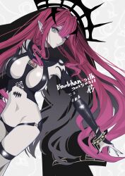 Rule 34 | 1girl, absurdres, baobhan sith (fate), baobhan sith (second ascension) (fate), black panties, bracelet, breasts, character name, dated, detached sleeves, earrings, fate/grand order, fate (series), grey background, grey eyes, highres, hoop earrings, jewelry, long hair, looking at viewer, navel, panties, pink eyes, pointy ears, revealing clothes, sidelocks, solo, spiked bracelet, spikes, tsukaasa, underwear, veil