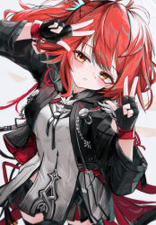 1girl arknights arms_up black_gloves black_jacket black_shorts blush commentary cowboy_shot double_w exusiai_(arknights) exusiai_the_new_covenant_(arknights) fingerless_gloves gloves grey_background grey_shirt highres jacket kari90909 looking_at_viewer parted_lips red_hair shirt short_hair shorts solo standing w yellow_eyes