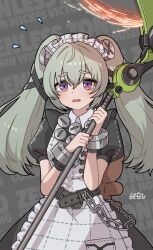 1girl animal_bag apron artist_name bear_bag belt black_belt black_dress chain character_name circular_saw commentary copyright_name corin_wickes cuffs dated dress ebipote3 flying_sweatdrops green_hair hair_between_eyes highres holding holding_weapon long_hair looking_at_viewer maid maid_apron maid_headdress puffy_short_sleeves puffy_sleeves purple_eyes saw screw_hair_ornament short_sleeves simple_background solo twintails weapon white_apron zenless_zone_zero