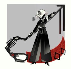 1boy absurdres aotsuki_eito border grey_background highres holding holding_scythe holding_weapon long_sleeves male_focus scythe simple_background solo solo_focus the_hundred_line_-last_defense_academy- weapon white_border white_hair