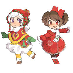 1girl 2girls black_hair bow daisy_duck disney full_body gloves hair_bow humanization looking_at_viewer mickey_mouse_&amp;_friends minnie_mouse moov_(mb_52) multiple_girls open_mouth purple_eyes scarf short_hair smile white_hair winter_clothes