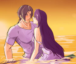 1boy 1girl asamiya_athena beach brown_hair charlyarts dress kusanagi_kyou ocean psycho_soldier purple_hair shirt snk the_king_of_fighters white_dress white_shirt