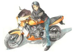 Rule 34 | 1girl, black eyes, black hair, black jacket, black shoes, blue pants, brown shirt, denim, engine, hair behind ear, honda, honda cb250r, jacket, jeans, leather, leather jacket, looking at viewer, motor vehicle, motorcycle, original, pants, shadow, shin osawa, shirt, shoes, short hair, simple background, smile, sneakers, solo, traditional media, vehicle focus, watercolor pencil (medium), white background