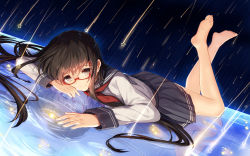 1girl barefoot bison_cangshu black_skirt brown_eyes brown_hair commentary feet female_focus full_body glasses glowing hair_between_eyes hair_ornament hairclip highres legs_up long_hair long_sleeves looking_at_viewer lying matching_hair/eyes meteor meteor_shower neckerchief night night_sky on_stomach original pleated_skirt red-framed_eyewear reflection reflective_floor ripples school_uniform semi-rimless_eyewear serafuku skirt sky smile solo star_(sky) star_(symbol) star_hair_ornament the_pose under-rim_eyewear very_long_hair
