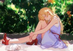 1girl aliaos blonde_hair chinese_commentary closed_eyes commentary_request day dress from_side full_body hat high_heels highres knee_up long_hair maribel_hearn mob_cap neck_ribbon on_ground open_mouth outdoors photo-referenced plant purple_dress red_ribbon red_shoes ribbon shirt shoes sleeping sleeveless sleeveless_dress sleeveless_shirt solo touhou unworn_hat unworn_headwear white_hat white_shirt