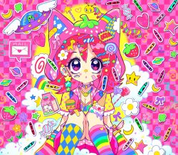 1girl absurdly_detailed_composition animal_ears animal_hat barbell_piercing bead_necklace beads breasts cat_hat cleavage cloud colorful commentary_request crayon decora ear_piercing fake_animal_ears gloves hat highres industrial_piercing jewelry medium_hair milk_carton necklace oceaninspace original piercing pink_hair pink_shorts purple_eyes shorts sitting smiley_face socks solo too_many_hair_ornaments