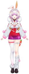 1girl :d absurdres ahoge animal_bag animal_ear_fluff animal_ears ankle_boots asymmetrical_legwear belt bob_cut boots bow braid braided_bangs breasts bright_pupils brown_boots carrot cleavage cokio colored_tips cropped_jacket dress full_body fur-trimmed_boots fur-trimmed_jacket fur_trim grey_hair hair_bow heart heart_o-ring highres hood hood_down hooded_jacket impossible_clothes impossible_dress jacket kneehighs large_breasts long_sleeves loose_socks low_twin_braids medium_hair multicolored_hair o-ring o-ring_thigh_strap official_art open_mouth orange_bow pencil_dress pom_pom_(clothes) puffy_long_sleeves puffy_sleeves purple_bow purple_eyes purple_hair rabbit_bag rabbit_ears rabbit_girl red_belt red_dress ribbed_socks shirai_yuko short_dress single_ear_down single_sock single_thighhigh smile socks solo standing stardust_project straight-on tachi-e teeth thigh_strap thighhighs transparent_background twin_braids uneven_legwear upper_teeth_only virtual_youtuber white_hood white_jacket white_pupils white_socks white_thighhighs
