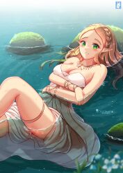 1girl absurdres arm_under_breasts artist_name bare_shoulders blonde_hair blue_flower blush braid breasts chinchongcha cleavage commentary_request crown_braid dress elf flower green_eyes highres long_hair looking_at_viewer medium_breasts nintendo parted_bangs parted_lips partially_submerged pointy_ears princess_zelda signature silent_princess sitting smile solo strapless strapless_dress the_legend_of_zelda the_legend_of_zelda:_breath_of_the_wild very_long_hair water white_dress