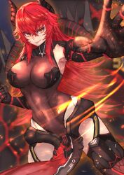 1girl absurdres arm_armor armor armored_boots armored_leotard black_gloves black_leotard bodystocking boots breasts cleavage closed_mouth commentary cosplay covered_navel determined dragon_girl dragon_horns dragon_tail english_commentary foreshortening gloves goddess_of_victory:_nikke hair_between_eyes highres horns large_breasts leotard long_hair looking_at_viewer mechanical_tail navel nihilister_(nikke) nihilister_(nikke)_(cosplay) red_hair rionillustrator see-through_cleavage see-through_clothes sidelocks smile solo tail thighhighs very_long_hair virtual_youtuber vshojo yellow_eyes zentreya zentreya_(dragon)