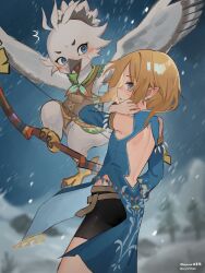 2boys absurdres aged_down back_cutout beak belt bike_shorts bird_boy blurry blurry_background blush bow_(weapon) clothing_cutout detached_sleeves flying frostbite_set_(zelda) furry furry_male highres link looking_at_viewer multiple_boys nintendo omurice_(roza4957) pointy_ears rito snow snowing talons the_legend_of_zelda the_legend_of_zelda:_tears_of_the_kingdom tulin_(zelda) weapon wings