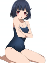 1girl absurdres bang_dream! bare_shoulders barefoot black_hair blue_one-piece_swimsuit blush breasts brown_eyes cleavage collarbone commentary covered_navel crossed_arms groin highres looking_at_viewer medium_breasts noshimurin one-piece_swimsuit open_mouth paid_reward_available raised_inner_eyebrows school_swimsuit short_hair simple_background sitting solo swimsuit ushigome_rimi white_background