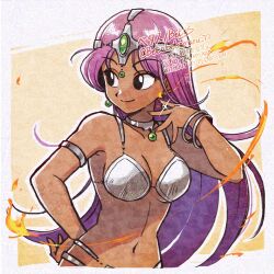 Rule 34 | 1girl, adversarial noise, armlet, betabetamaru, black eyes, border, bracelet, breasts, choker, circlet, cleavage, commentary request, dark-skinned female, dark skin, dragon quest, dragon quest iv, earrings, fire, gem, green gemstone, hand on own hip, jewelry, large breasts, long hair, looking to the side, manya (dq4), metal bikini, navel, purple hair, sideboob, silver armlet, silver choker, silver circlet, smile, solo, sphere earrings, underboob, upper body, white border