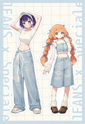 Rule 34 | 2girls, :o, arm warmers, arms up, baggy pants, blue border, blue bow, blue hairband, blue nails, blue pants, blue shorts, blunt bangs, blush, border, bow, braid, breasts, brown shoes, closed mouth, commentary request, crop top, denim, denim shirt, denim shorts, double-parted bangs, earrings, eyelashes, fingernails, flower earrings, grid background, hair between eyes, hair bow, hair ornament, hairband, hairclip, hand up, highres, jeans, jewelry, kirara tamako, leg warmers, long hair, looking at viewer, medium breasts, midriff, multicolored shoes, multiple girls, nail polish, nanase suzuna, navel, nijisanji, open mouth, orange eyes, orange hair, outline, pants, purple hair, ribbon, shirt, shoes, short hair, short sleeves, shorts, sleeveless, sleeveless shirt, smile, standing, stomach, torn clothes, torn jeans, torn pants, torn shorts, twin braids, v-neck, very long hair, virtual youtuber, wavy hair, white arm warmers, white leg warmers, white outline, white ribbon, white shirt, white shoes, yellow background, yuu (higashi no penguin)