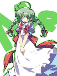 Rule 34 | 1girl, ahoge, apron, asoka, back bow, blue dress, blush stickers, bow, bowtie, braid, character name, commentary request, dress, green eyes, green hair, green outline, hair bow, huge ahoge, long hair, me-tan, open mouth, os-tan, outline, own hands together, puffy short sleeves, puffy sleeves, red bow, red bowtie, short sleeves, sidelocks, smile, solo, tareme, twin braids, v arms, white apron