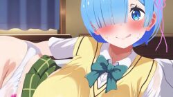 1boy 1girl 3d animated blue_bow blue_eyes blue_hair blush bow bow_panties breasts breasts_out censored clipping cum cum_on_body cum_on_legs cum_on_lower_body ejaculation erection female_focus green_bow hair_over_one_eye heart hetero highres japanese_text large_breasts large_nipples legs looking_at_penis looking_at_viewer male_masturbation masturbation nose open_mouth panties panties_around_leg pastakudasai penis precum pussy pussy_juice pussy_juice_stain pussyjob re:zero_kara_hajimeru_isekai_seikatsu rem_(re:zero) school_uniform sex sex_from_behind shadow short_hair skirt smile socks sound stain steam sweat tagme thigh_gap thigh_sex tongue tongue_out underwear video wet wet_clothes wet_panties white_panties white_socks window
