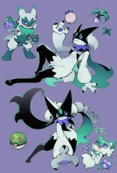 alternate_color berry black_mask black_scarf claws evolutionary_line fangs flaw_eight floragato friend_ball full_body hand_up meowscarada multiple_views nintendo open_mouth poke_ball pokemon pokemon_(creature) purple_background scarf shiny_pokemon sitting smile sprigatito yo-yo