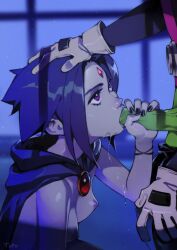 Rule 34 | 1boy, 1girl, beast boy (dc), breasts, cape, colored skin, couple, dc comics, fellatio, green skin, grey skin, hetero, highres, multiversus, optionaltypo, oral, penis, purple eyes, purple hair, raven (dc), short hair, teen titans, upper body