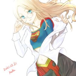 1girl blonde_hair blue_eyes breasts cape commentary cropped_shirt dated dc_comics dutch_angle glasses highres kara_danvers kuku_(laser_beamer) light long_hair midriff navel open_fly red_cape red_skirt removing_eyewear signature skirt small_breasts smile solo supergirl superman_(series) upper_body
