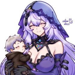 1girl artist_name baby black_gloves black_hair black_swan_(honkai:_star_rail) breasts cleavage closed_eyes detached_sleeves gloves headdress highres honkai:_star_rail honkai_(series) medium_breasts purple_hair rotomdocs simple_background smile upper_body white_background