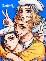 Rule 34 | 3boys, birthmark, black hair, blonde hair, blue background, blue eyes, blue hoodie, blue lips, blue nails, collared shirt, commentary request, double v, fumi (jojolion), grandfather and grandson, grin, hat, highres, hood, hood down, hoodie, hug, hug from behind, joestar birthmark, johnny joestar, jojo 2waka, jojo no kimyou na bouken, jojolion, kira yoshikage (jojolion), looking at viewer, makeup, multiple boys, orange hair, purple eyes, sailor, sailor hat, shirt, short hair, smile, star (symbol), star print, sweater, teeth, time paradox, v, white hat, white shirt, yellow lips, yellow sweater