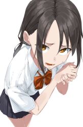 Rule 34 | 1girl, black hair, brown eyes, collared shirt, highres, looking at viewer, low twintails, manemane nichinichi, mocha kichi, nagisa akane, own hands together, school uniform, shirt, skirt, solo, twintails, white background, white shirt