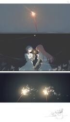 2girls absurdres bang_dream! bang_dream!_it&#039;s_mygo!!!!! brh chihaya_anon chinese_commentary closed_mouth commentary_request dress earrings fireworks grey_hair highres holding holding_fireworks jewelry long_hair multiple_girls night outdoors pink_hair short_hair short_sleeves sparkler takamatsu_tomori white_dress