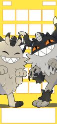 2others absurdres animal_hands black_eyes colored_sclera crossed_arms evolutionary_line galarian_form galarian_meowth gen_8_pokemon grin highres horns indoors looking_at_viewer multiple_others nintendo no_humans perrserker pokemon pokemon_(creature) red_sclera sharp_teeth smile standing teeth yellow_background yorika720