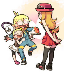 Rule 34 | 1boy, 2girls, bonnie (pokemon), brother and sister, brown hair, clemont (pokemon), creatures (company), flower, game freak, glasses, hat, holding, jumpsuit, mechanical arms, multiple girls, nintendo, pokemon, pokemon xy, ponytail, serena (pokemon), shirt, siblings, single mechanical arm, skirt, smile, standing, sweat, tsunoji, wavy mouth