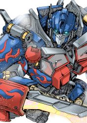 absurdres autobot blue_eyes glowing glowing_eyes highres looking_at_viewer mecha optimus_prime piston robot science_fiction solo transformers transformers_(live_action) tsushima_naoto wheel white_background windshield