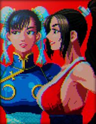 2girls black_hair breasts brown_eyes brown_hair capcom chinese_clothes chun-li double_bun fatal_fury from_side hair_bun hair_ribbon highres japanese_clothes large_breasts long_hair multiple_girls parted_lips pink_lips pixel_art ponytail ribbon shiranui_mai sideboob smile snk street_fighter the_king_of_fighters